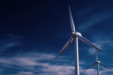Tall white wind turbines spinning against a deep blue sky with light clouds, generating clean renewable energy in an open rural landscape, representing sustainable power and environmental innovation