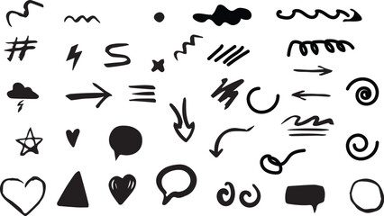 Hand drawn chalk and marker brush vector set of doodles, symbols, words, arrows, scribbles, shapes and symbols on white background. black and white abstract icons