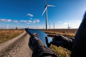 Engineer using a digital tablet to monitor wind turbines on a remote rural wind farm during a clear day, renewable energy management, sustainability, and smart technology in clean power generation