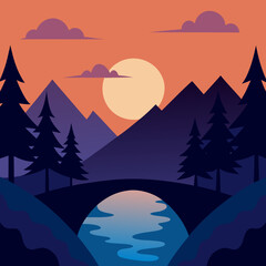 Tranquil mountain landscape with a bridge over a river at sunset