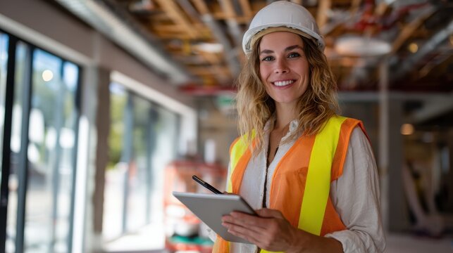 Smiling female construction professional wearing a hard hat and high-visibility vest using a digital tablet to inspect and manage progress on an indoor building site under active development