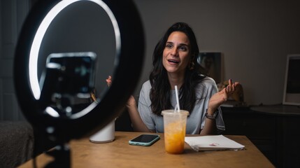 Smiling young woman recording video content at home, sitting at a desk a smartphone, speaking enthusiastically to a camera with a ring light, creating digital content for social media or a vlog