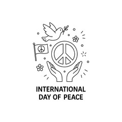 Line Art Illustration for International Day of Peace with Dove and Symbols