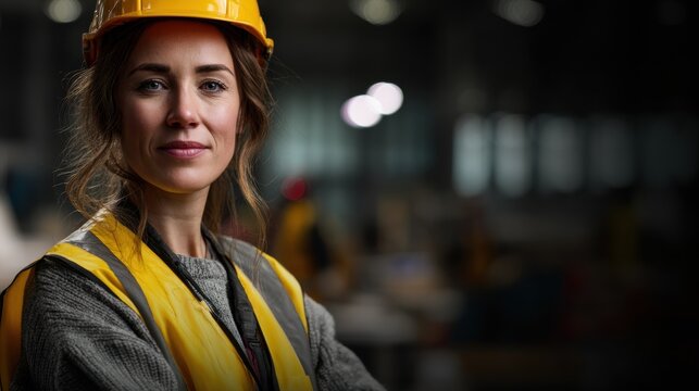 Confident female construction worker wearing a yellow hard hat and high-visibility vest standing proudly inside a busy industrial warehouse or factory, symbolizing leadership in skilled trades
