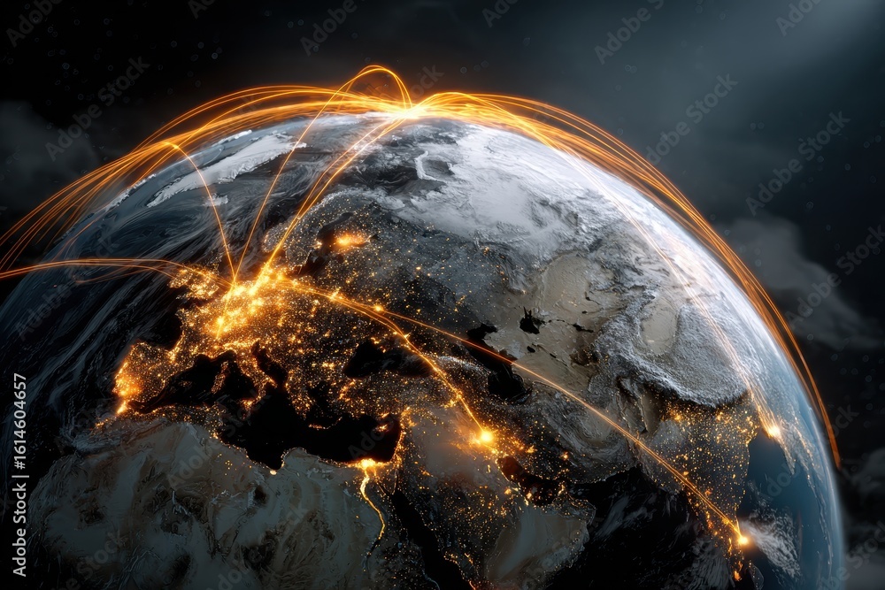 Poster visualization of earth globalization with glowing orange lines connecting major cities across contin