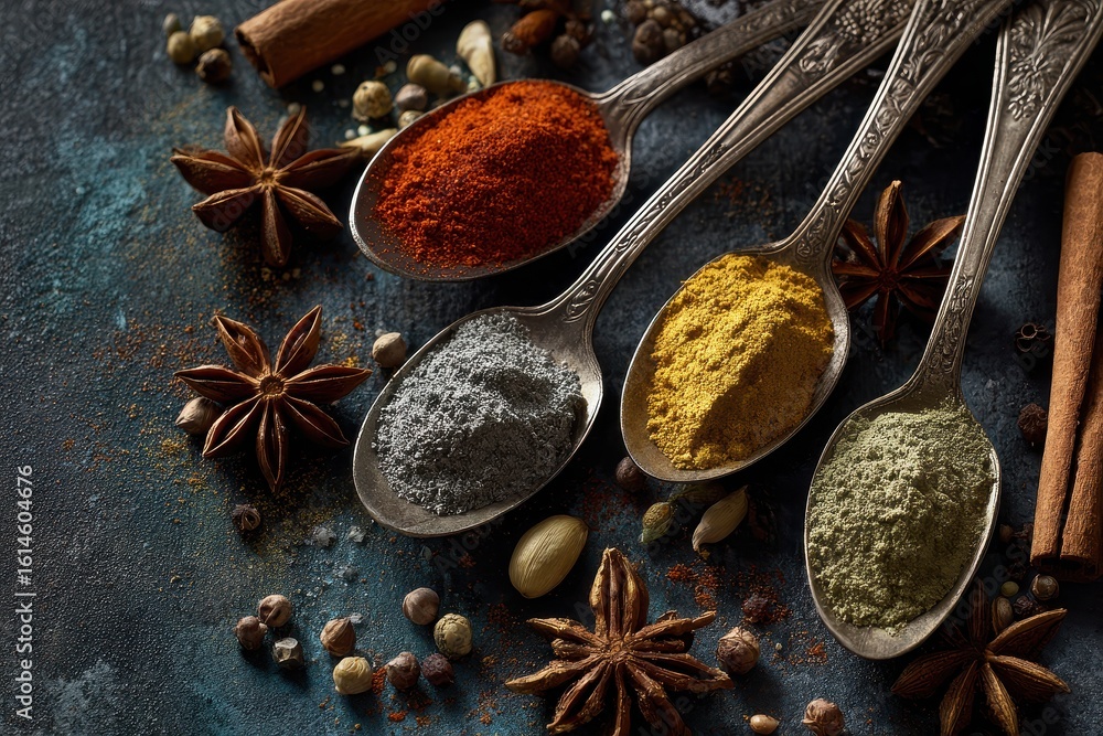 Poster various spices displayed on silver spoons, showcasing colors and textures in an indian culinary sett