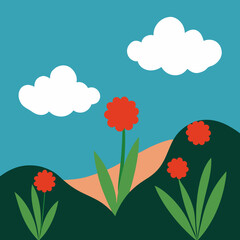 Fototapeta premium Simple illustration of red flowers and clouds in a landscape