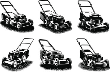 Hand drawn lawn mower illustrations on white background