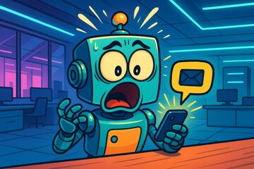 Cartoon robot shocked funny at phone alert in neon office night