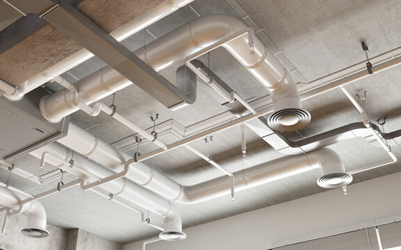 Ceiling view of MEP (Mechanical, Electrical, and Plumbing) systems, showcasing organized installation of HVAC ducts, fire protection pipes.3d rendering