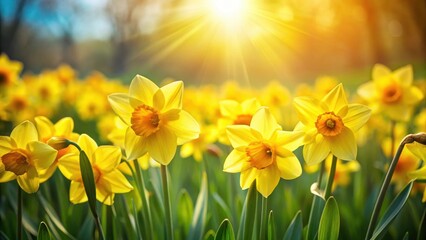 Obraz premium Bright sunshine yellow daffodil flowers in a garden