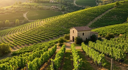 Extensive vineyard landscape with a rustic stone building.
