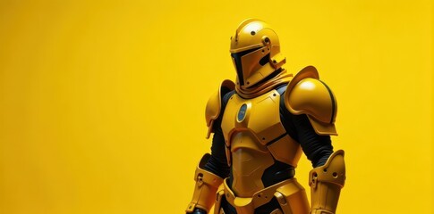 Full plate armor, triumphant laptop pose, vibrant yellow, modern, golden, innovation