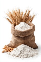 Wheat flour in burlap sack with wheat stalks