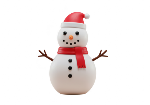 A cute 3d rendered snowman wearing a red santa hat and scarf, with stick arms and a carrot nose isolated on transparent background