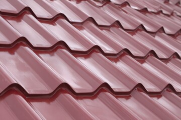 Closeup view of a red steel roofing sheet showcasing the texture and pattern of a house roof under bright natural light