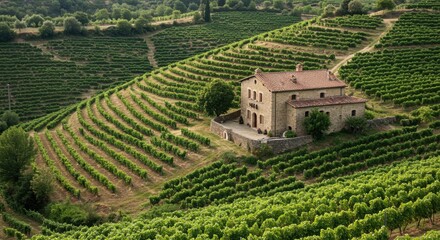 Vineyard landscape with a rustic stone house nestled within the terraced rows.