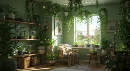 A sunlit room filled with lush greenery and glass terrariums.