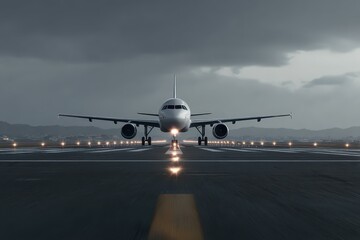 Fototapeta premium Modern airliner preparing for takeoff on a runway under overcast skies with dramatic lighting at an airport location