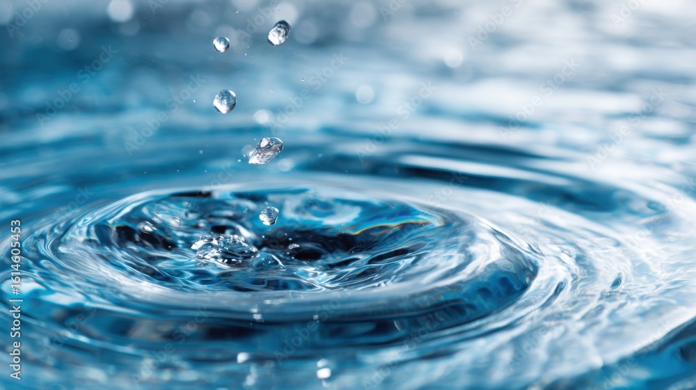 Aufkleber light glimmers off the surface as droplets fall into a clear blue pool, creating ripples that extend