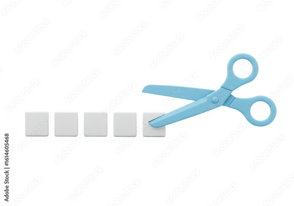 Poster blue scissors cutting a white square from a row of squares, isolated on a transparent background