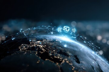 Global connectivity with advanced technology showcasing 5G network expansion across continents using a digital globe representation and interconnected data points