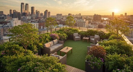 Rooftop garden with city view at sunset.