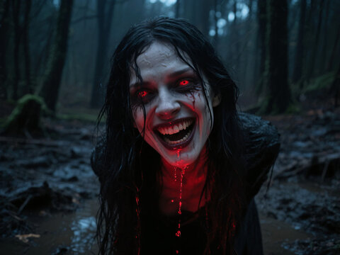 Scary eerie possessed woman with bright eyes in the dark