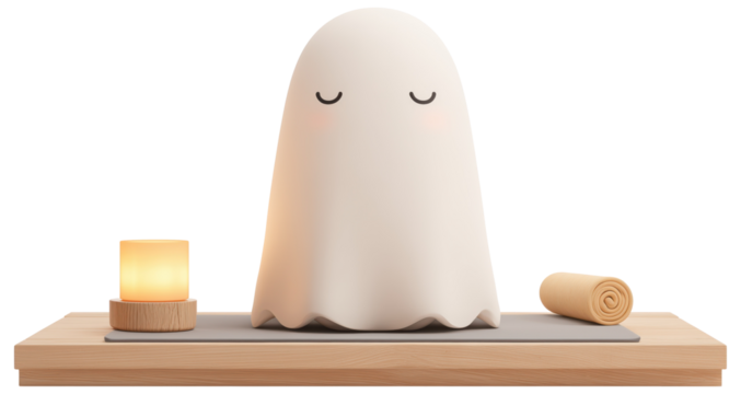 Cozy atmosphere created with a calming ghost figure and a glowing candle isolated on transparent background.