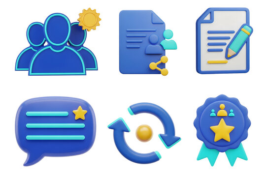 3D healthcare communication icons with team collaboration, shared documents, update arrows, star badge, certificate

