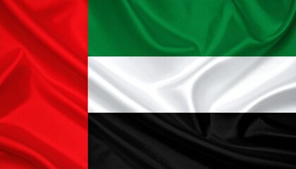 Obraz premium United Arab Emirates flag with vertical red stripe and three horizontal bands—green, white, and black—symbolizing unity, prosperity, peace, and strength; folds add depth and dignity.