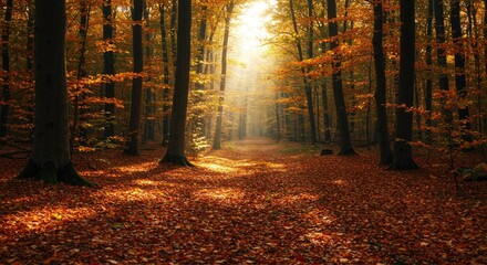 Autumnal forest path bathed in sunlight.