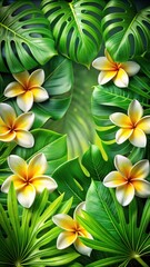 Obraz premium Exotic Monstera leaves and frangipani flowers in a lush tropical background