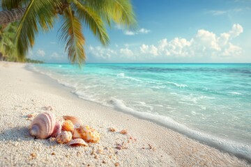 Obraz premium Stunning tropical beach with turquoise water and seashells on a sunny summer day under clear blue skies