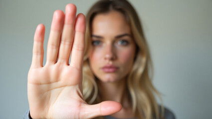 Woman making a stop gesture with her hand. She has long, wavy hair and a serious expression on her face. The image conveys a message of boundaries and refusal.