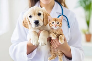 Veterinarian holding a puppy and a kitten in a clinical setting