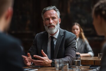 Mature businessman in suit leads a formal meeting in a modern office setting, actively engaging with colleagues and discussing important topics during a productive work session