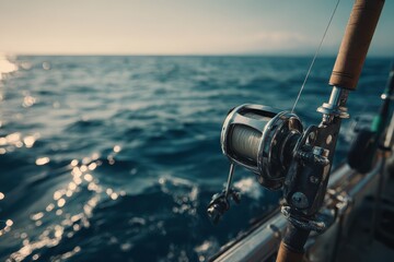 Obraz premium Vast ocean background highlights sea fishing gear on a calm day with sparkling waves reflecting sunlight and ready equipment for an exciting fishing adventure at sea