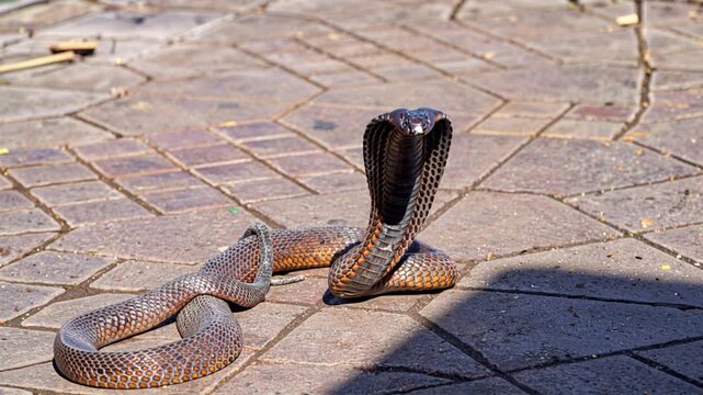 Cape cobra spreading its hood on a stone pavement