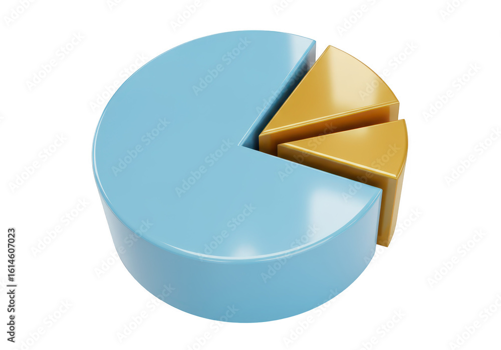 Poster a 3d blue pie chart with two golden slices separated from the main body, isolated on transparent bac