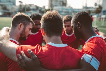 Soccer team gathers in huddle for motivation and encouragement during a game preparation in the afternoon light