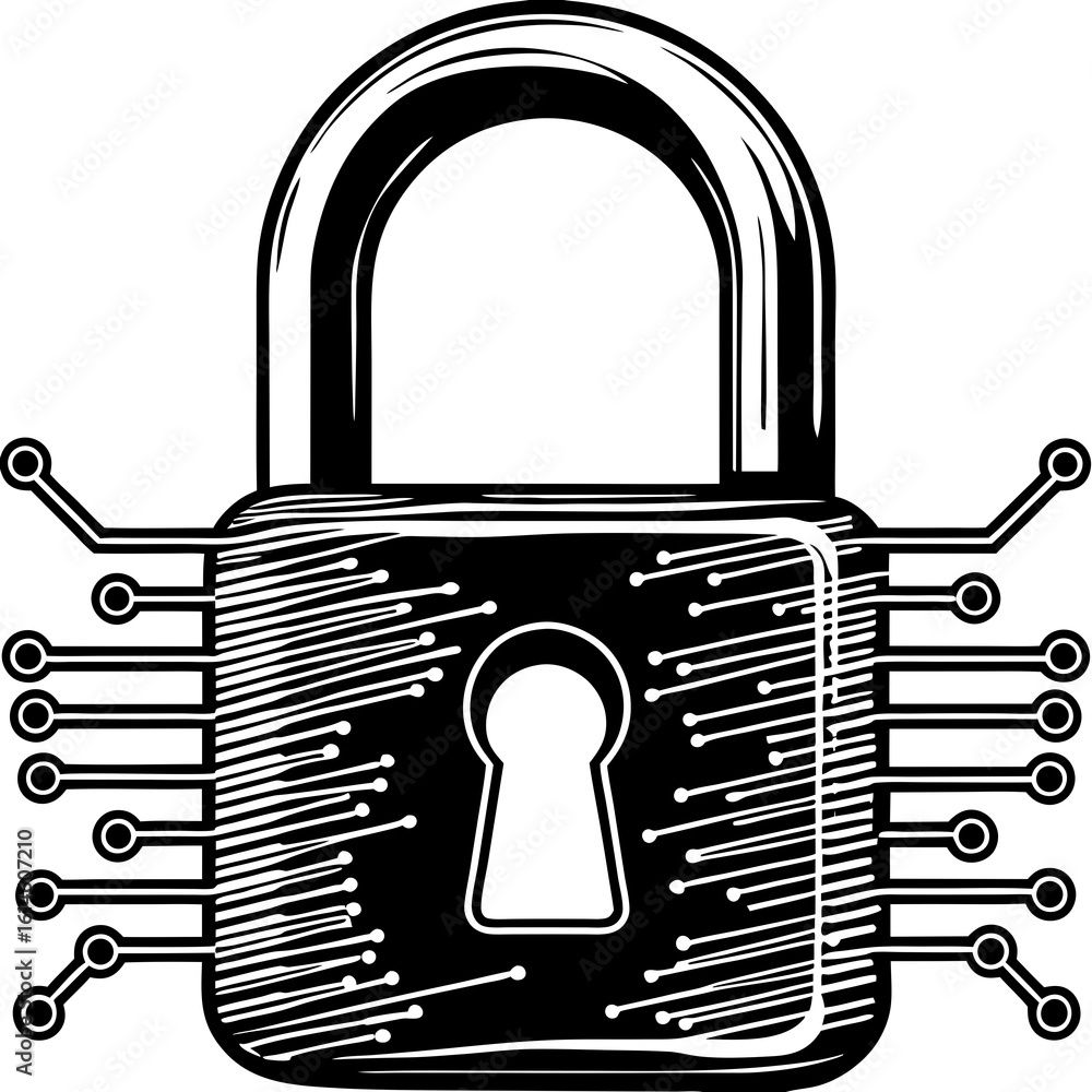 Poster vector art of stylized padlock with circuit board pattern represents digital security and data prote