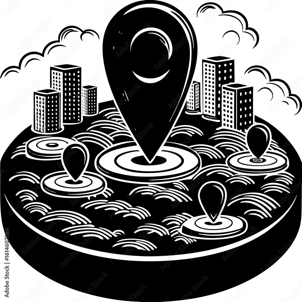 Poster vector art of location pin marks urban areas and buildings on a stylized map with cloudscape above
