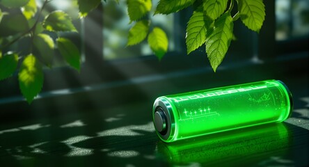 Rechargeable Green Battery Cell with Leaves in Eco Nature Background.