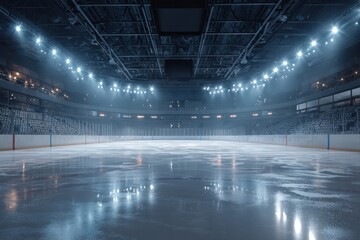 Professional hockey stadium with an empty ice rink illuminated by bright overhead lights during an off-peak time