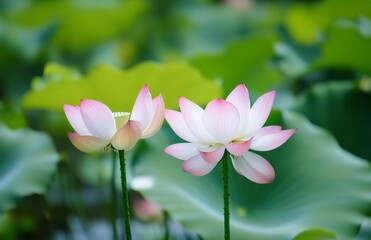 Two delicate pink lotus flowers blooming amidst lush green leaves