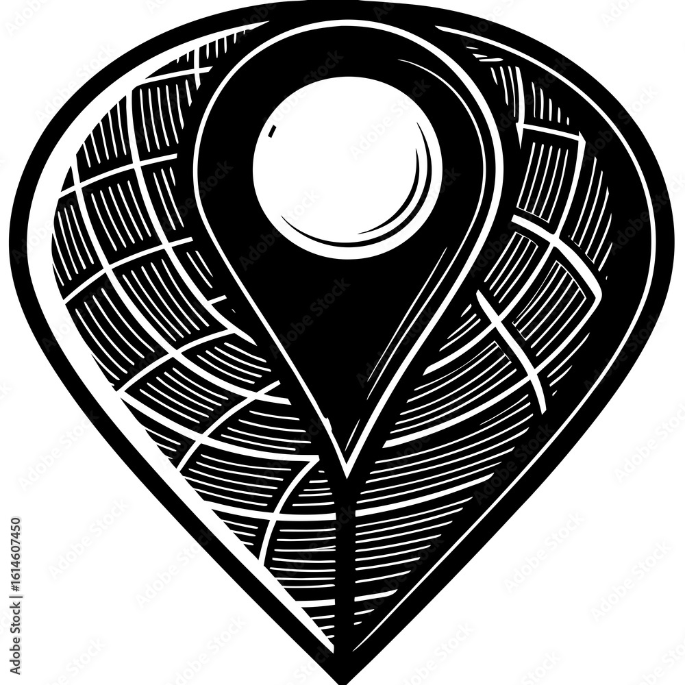 Poster vector art of a stylized location pin icon with map grid lines indicating a place of interest or des