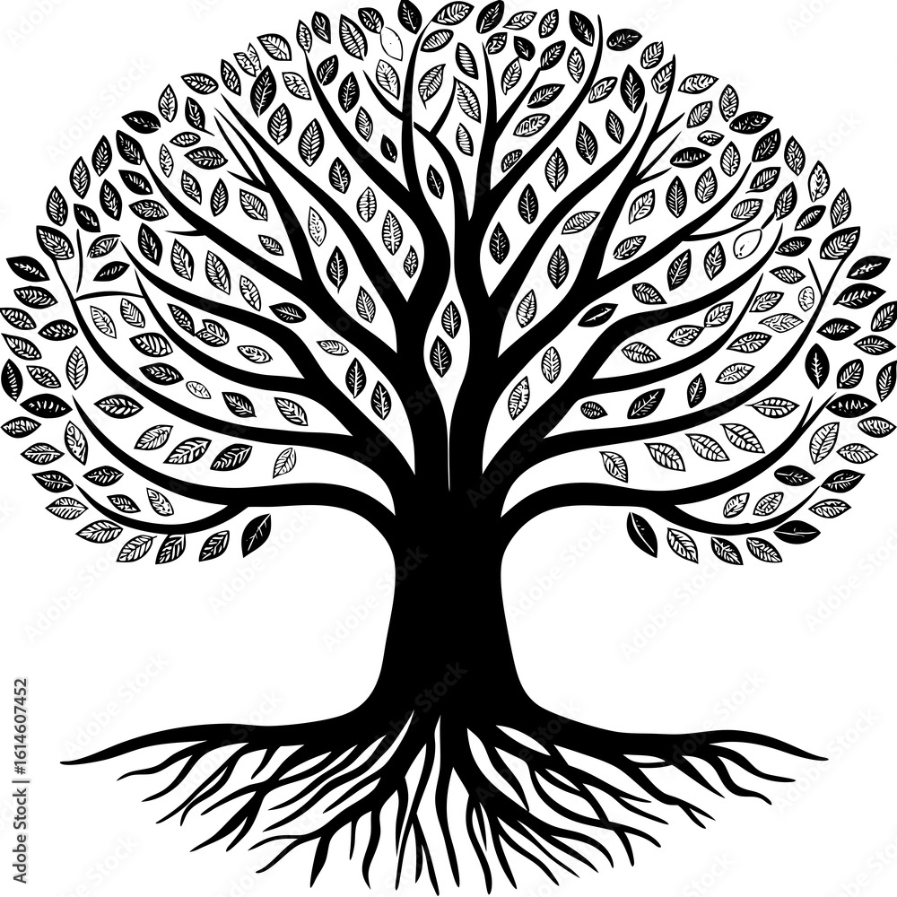 Poster vector art of a stylized tree with intricate branches and roots creates a captivating visual represe