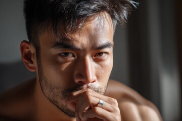 Young handsome Asian man deep in thought with a serious expression while relaxing at home during the afternoon light