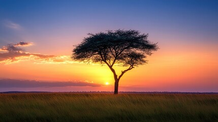 Obraz premium Silhouette tree at sunrise, golden hues